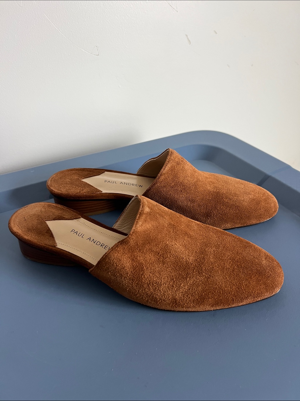 Paul Andrew Pisa Tan Suede Leather Slip On Mules Loafers Low Heel 37